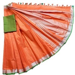 Orange-Green women's Handloom Bhagalpuri Linen Cotton Blend Saree Ethnic Wear With Contrast Unstitched Blouse Piece - View 6