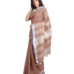 Women's Bhagalpuri Handloom Linen-Slub Saree With Contrast Blouse Piece (Sugar_Brown-Blue) - View 2