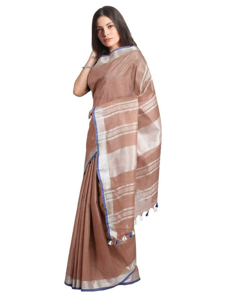Women's Bhagalpuri Handloom Linen-Slub Saree With Contrast Blouse Piece (Sugar_Brown-Blue) - View 2
