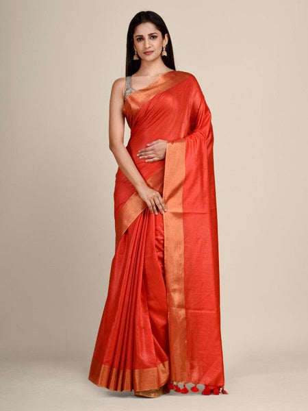 Handloom Tussar Munga Silk Handloom Blend Red Saree