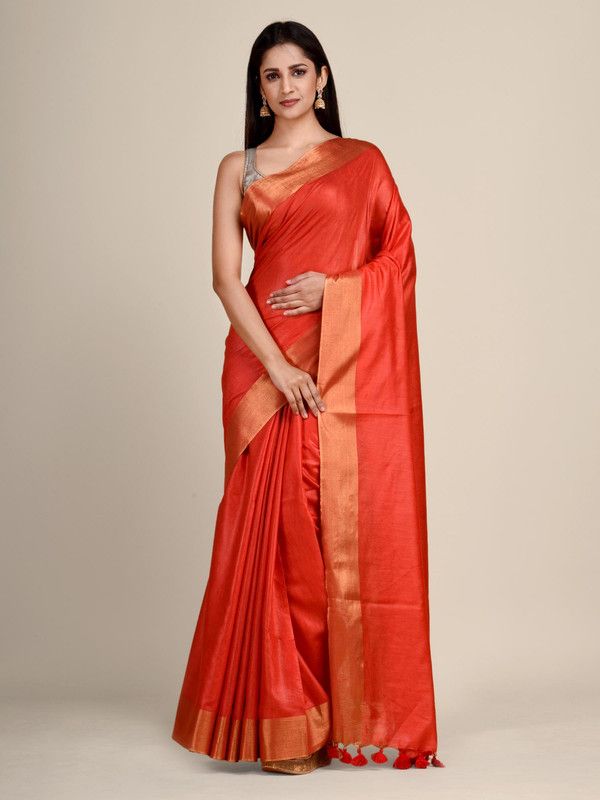 Handloom Tussar Munga Silk Handloom Blend Red Saree