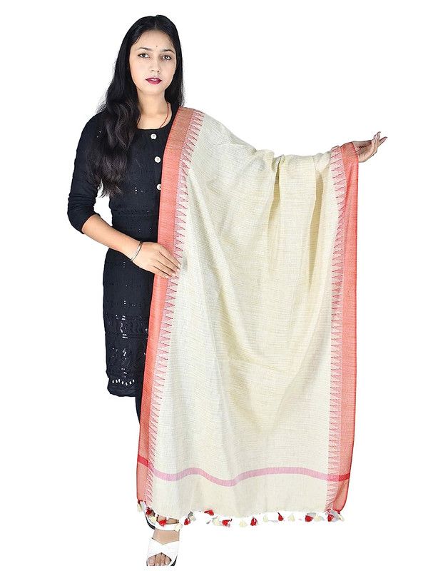 Bhagalpuri Linen Temple Dupatta with Natural Texture (Orange) - View 3