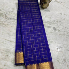 Cotton Silk Handloom Bhgalpuri Check Saree with Gold Zari Border with Blouse Piece for Women (100154 Duke_Blue)
