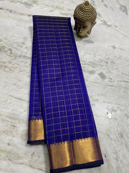 Cotton Silk Handloom Bhgalpuri Check Saree with Gold Zari Border with Blouse Piece for Women (100154 Duke_Blue)