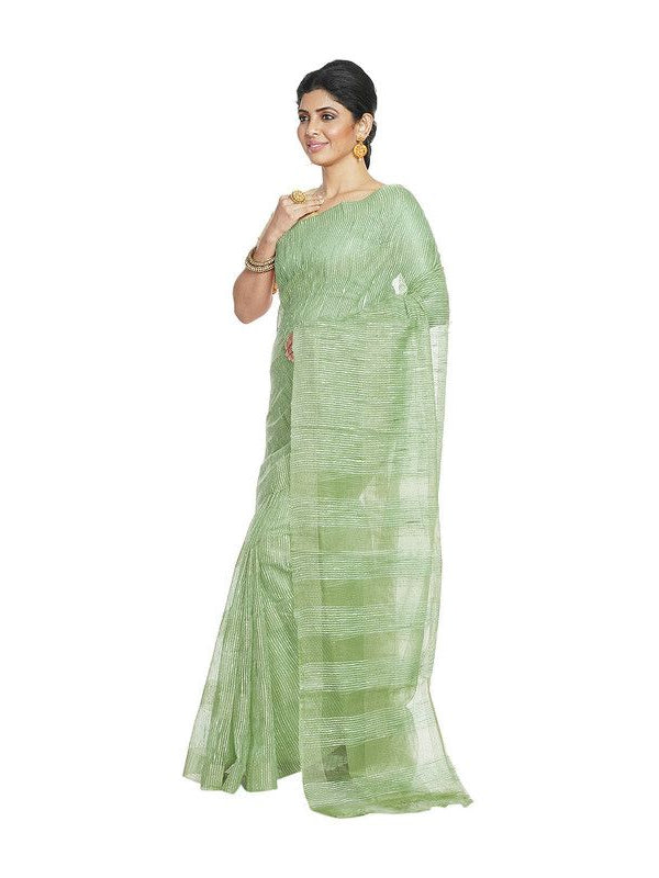 Pistachio Green women's Bhagalpuri Kota Doria Silk Semi Transparent Saree With Unstiched Blouse Piece - View 2