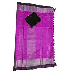 Magenta Bhagalpuri Handloom women's Linen Slub Blend Saree With Black Pipin Contrast Blouse Piece - View 3