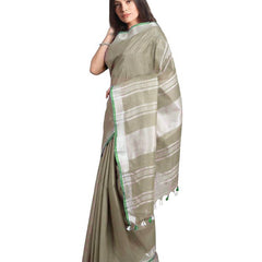 Sage Green women's Handloom Bhagalpuri Linen-Cotton Saree With Contrast Blouse Piece - View 2
