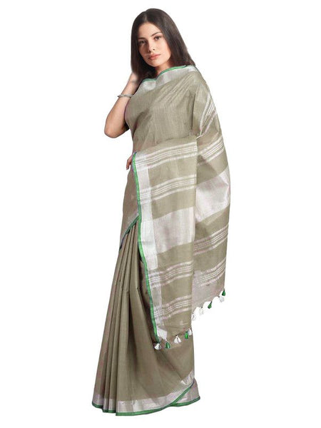 Sage Green women's Handloom Bhagalpuri Linen-Cotton Saree With Contrast Blouse Piece - View 2