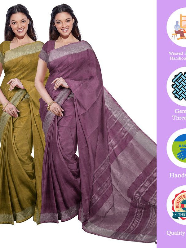 Olive Green & Quinacridone Magenta women's Bhagalpuri Handloom Cotton-Linen Blend Saree Combo (Pack Of 2) With Running Unstiched Blouse Piece - View 2