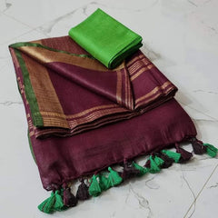 Handloom Bhagalpuri Linen Cotton Blend Contrast Border Saree for Women (12647 Wineberry_Brown-Dark_Green)