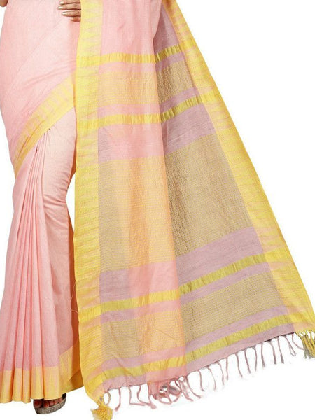 Tea Rose Pink women's Bhagalpuri Handloom Kota Silk Temple Border Saree And Variation Of Colors With Striped Blouse Piece - View 2