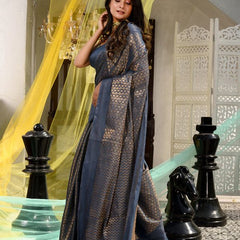 Cotton Tissue Silk Handloom Bhagalpuri Weaving Motif Designer Saree (Gunmetal_Grey) - View 3