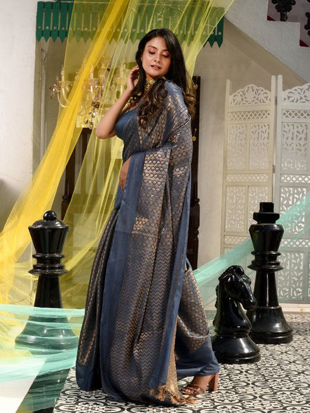 Cotton Tissue Silk Handloom Bhagalpuri Weaving Motif Designer Saree (Gunmetal_Grey) - View 3