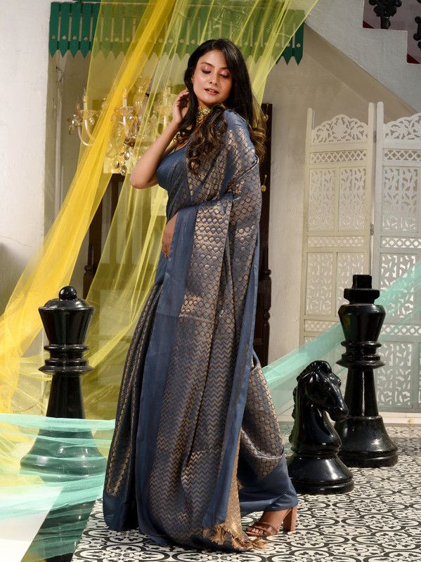 Cotton Tissue Silk Handloom Bhagalpuri Weaving Motif Designer Saree (Gunmetal_Grey) - View 3