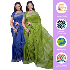 Cobalt Blue & Green women's Bhagalpuri Handloom Cotton-Linen Blend Saree Combo (Pack Of 2) With Running Unstiched Blouse Piece - View 2