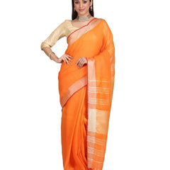 Handloom Linen Cotton Blend Contrast Bhagalpuri Saree for Women (Flame_Orange-Red )