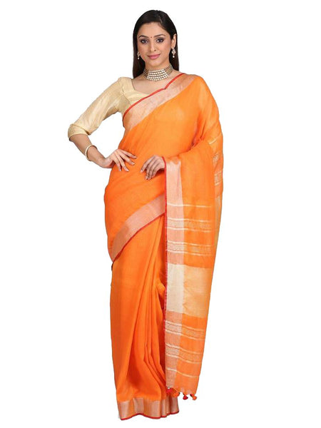 Handloom Linen Cotton Blend Contrast Bhagalpuri Saree for Women (Flame_Orange-Red )
