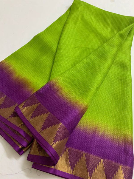Kota Organza Silk Handloom Two Dye Net Saree with Temple Border (Kelly_Green & Magenta) - View 5