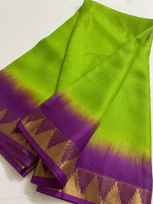 Kota Organza Silk Handloom Two Dye Net Saree with Temple Border (Kelly_Green & Magenta) - View 5