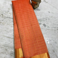 Cotton Silk Handloom Bhgalpuri Check Saree with Gold Zari Border for Women (100147 Bluffer_Orange)