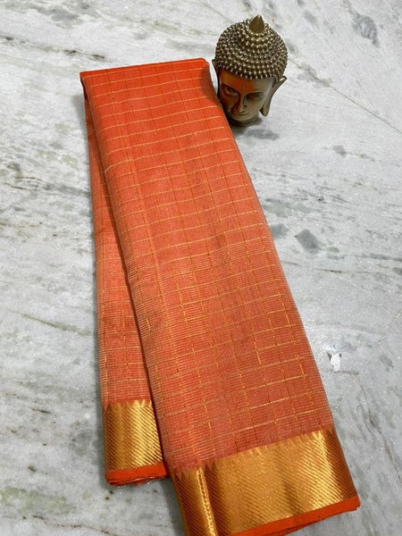 Cotton Silk Handloom Bhgalpuri Check Saree with Gold Zari Border for Women (100147 Bluffer_Orange)