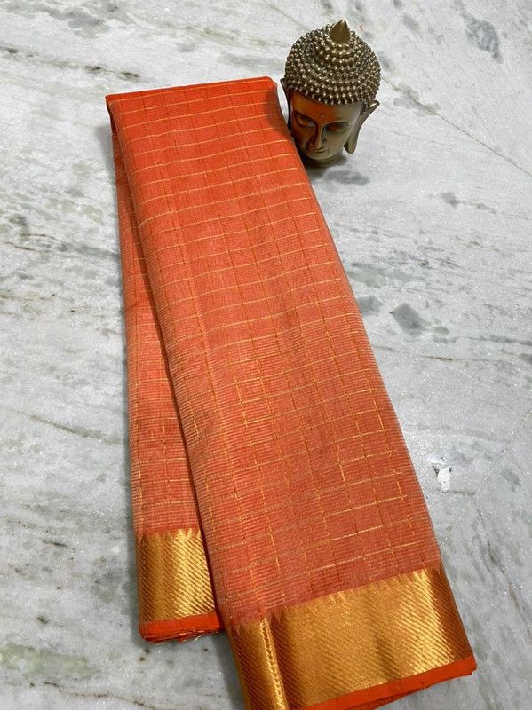 Cotton Silk Handloom Bhgalpuri Check Saree with Gold Zari Border for Women (100147 Bluffer_Orange)