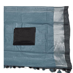 Airforce Blue Bhagalpuri Handloom women's Linen Slub Blend Saree With Black Pipin Contrast Blouse Piece - View 3
