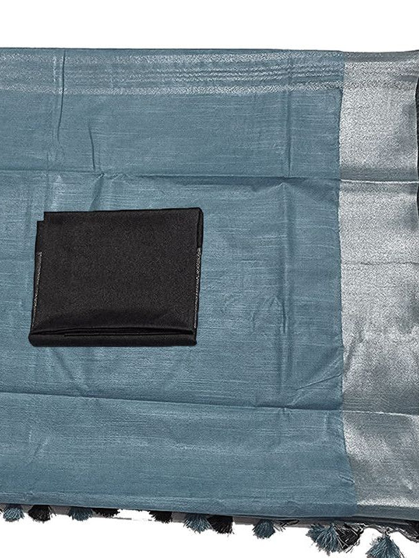 Airforce Blue Bhagalpuri Handloom women's Linen Slub Blend Saree With Black Pipin Contrast Blouse Piece - View 3