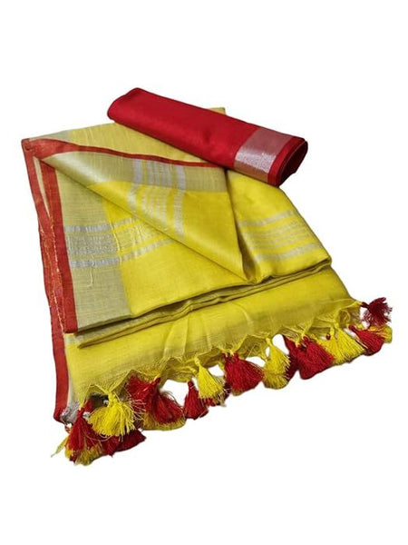 Handloom Bhagalpuri Linen Cotton Blend Contrast Border Saree for Women (12613 Canary_Yellow-Red) - View 2