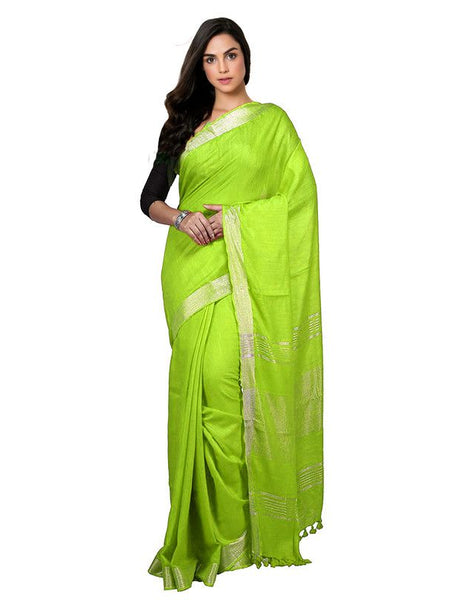 Parrot Green Bhagalpuri women's Handloom Linen Cotton Ethnic Wear Saree With Running Unstitched Blouse Piece