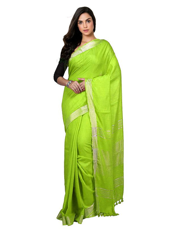 Parrot Green Bhagalpuri women's Handloom Linen Cotton Ethnic Wear Saree With Running Unstitched Blouse Piece