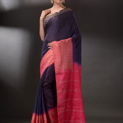 Handloom Semi Tussar Silk Bhagalpuri Egyptian_Blue and Poppy_Pink Saree - View 2