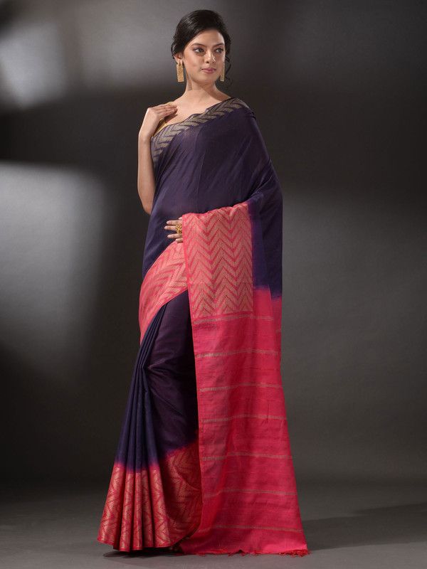 Handloom Semi Tussar Silk Bhagalpuri Egyptian_Blue and Poppy_Pink Saree - View 2