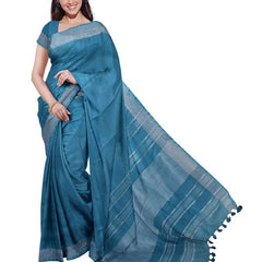 Cerulean Blue & Raspberry Pink women's Bhagalpuri Handloom Cotton-Linen Blend Saree Combo (Pack Of 2) With Running Unstiched Blouse Piece - View 3