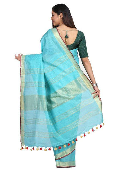 Linen Cotton Blend Contrast Handloom Bhagalpuri Saree for Women (Gold-Cyan-Red ) - View 4