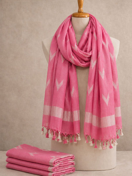 Linen Cotton Blend Zari Weaving Handloom Ikkat Dupatta (12006 Blush_Pink)