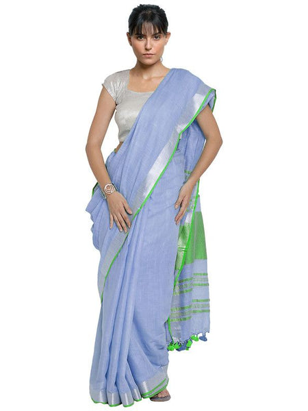 Periwinkle Blue-Green women's Bhagalpuri Handloom Cotton Linen Blend Contrast Pallu Saree And Unstitched Contrast Blouse Piece