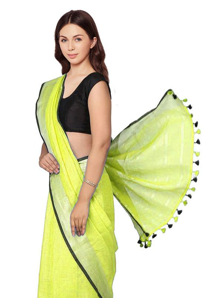 Lime Green women's Bhagalpuri Blend Linen Saree With Black Pipine Contrast Blouse Piece - View 5
