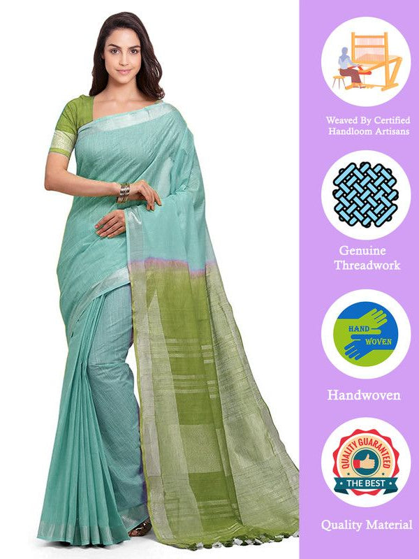 Tiffany Cyan & Moss Green women's Handloom Bhagalpuri Linen Cotton Slub Blend Two Dye Saree With Running Unstitched Blouse Piece - View 3