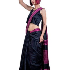 Black P women's Bhagalpuri Handloom Kota Silk Temple Border Saree And Variation Of Colors With Striped Blouse Piece