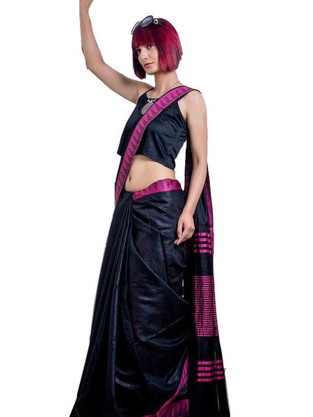 Black P women's Bhagalpuri Handloom Kota Silk Temple Border Saree And Variation Of Colors With Striped Blouse Piece