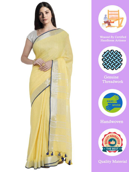 Daisy Yellow women's Bhagalpuri Handloom Cotton Linen Blend Saree With Contrast Unstiched Blouse Piece - View 2