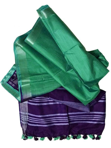 Russian Violet & Mint Green women's Bhagalpuri Ethnic Wear Handloom Cotton Linen Slub Blend Zari Border Two Dye Saree With Running Unstitched Blouse Piece