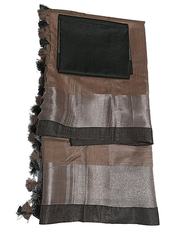 Brown Bhagalpuri Handloom women's Linen Blend Saree With Black Contrast Blouse Piece - View 2