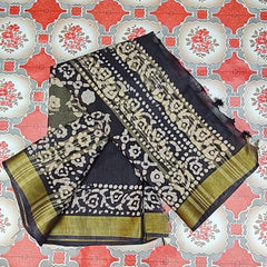 Bhagalpuri Linen Cotton Blend Handloom Batik Print Saree (GLBR_Gold-Black) - View 3
