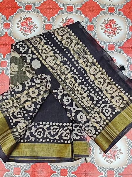 Bhagalpuri Linen Cotton Blend Handloom Batik Print Saree (GLBR_Gold-Black) - View 3