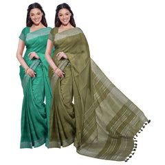 Bhagalpuri Handloom Cotton-Linen Blend Saree Combo (Pack Of 2) With Running Unstiched Blouse Piece