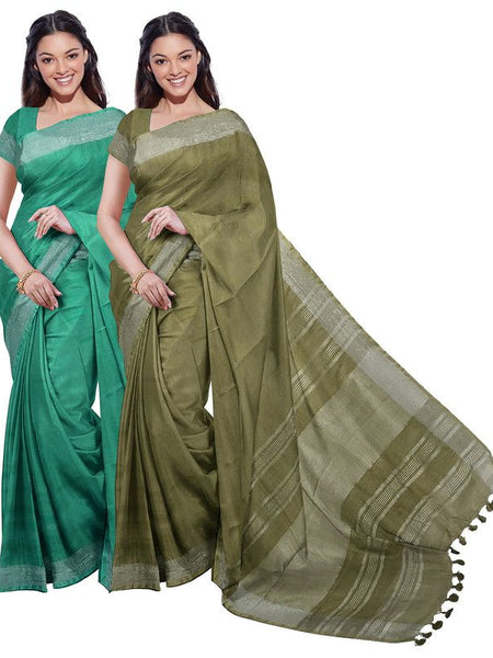 Bhagalpuri Handloom Cotton-Linen Blend Saree Combo (Pack Of 2) With Running Unstiched Blouse Piece