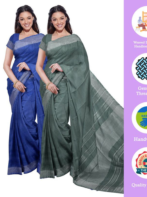 Bhagalpuri Handloom Cotton-Linen Blend Saree Combo (Pack Of 2) With Running Unstiched Blouse Piece - View 2