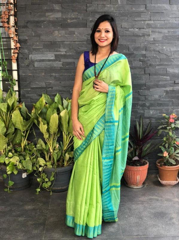Bhagalpuri Handloom Kota Silk Temple Border Saree And Variation Of Colors With Striped Blouse Piece - View 7